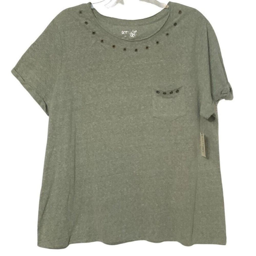 Terra & Sky T Shirt Womens Plus Size 2X Green Short Sleeve Rivets Scoop Neck Top